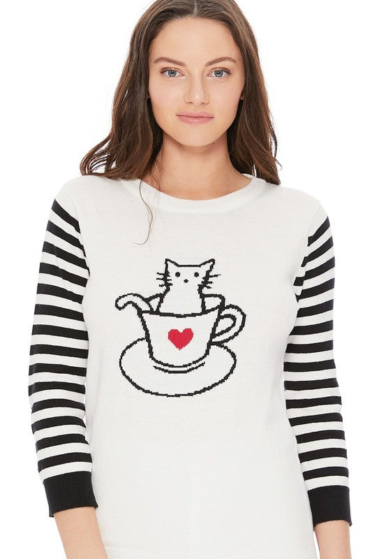 Cute Cat In Cup Jacquard Sweater Top