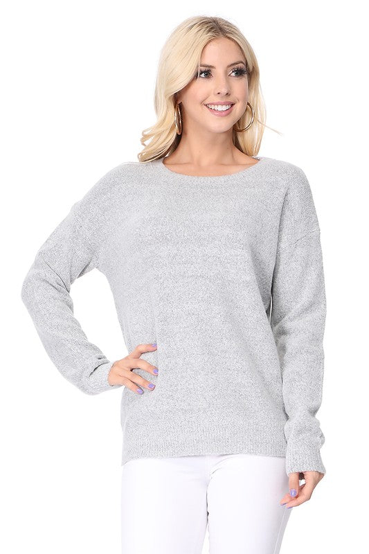 Crew-neck Knit Pullover Sweater with Side Slit