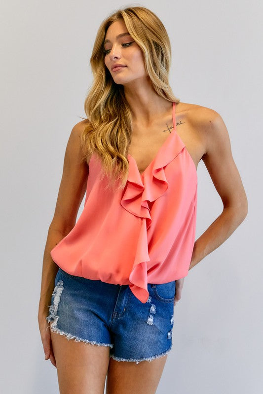 SOLID V NECK SLEEVELESS RUFFLE TOP