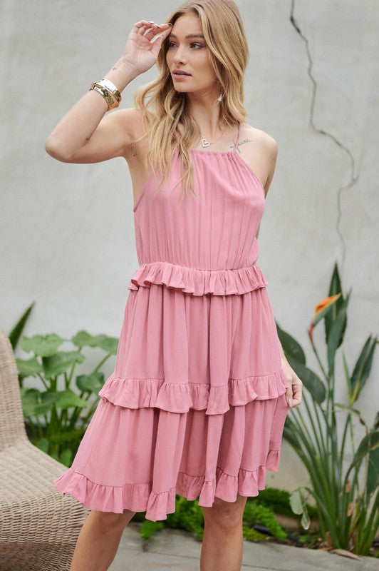 SOLID RUFFLE SLEEVELESS MINI DRESS