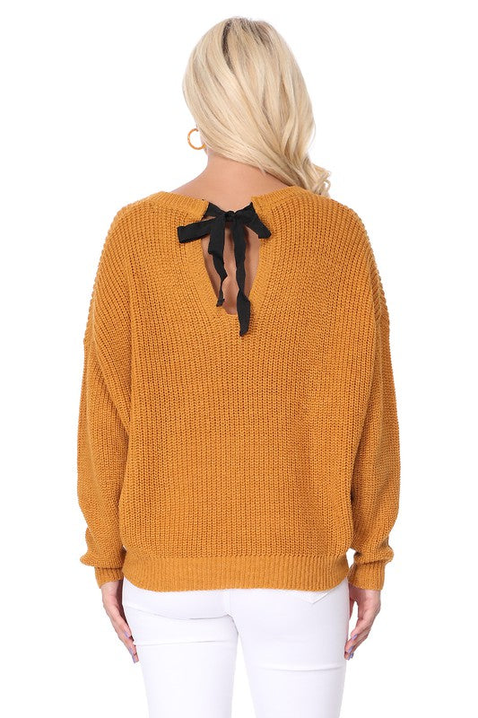 Waffle Stitch Bat Wing Bow Back Pullover  Sweater