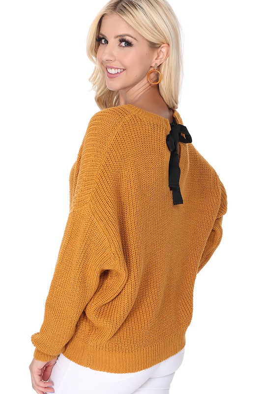 Waffle Stitch Bat Wing Bow Back Pullover  Sweater