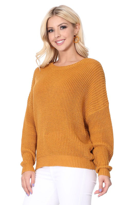 Waffle Stitch Bat Wing Bow Back Pullover  Sweater