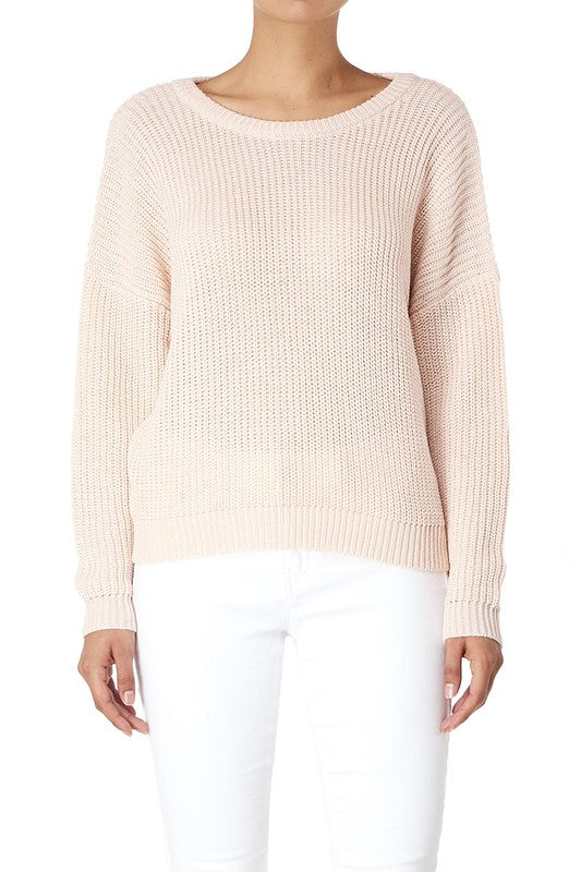 Waffle Stitch Bat Wing Bow Back Pullover  Sweater