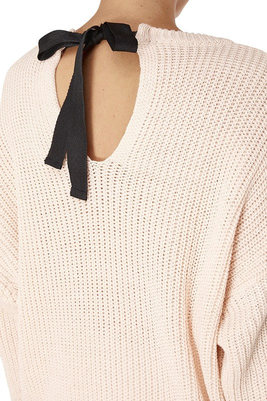 Waffle Stitch Bat Wing Bow Back Pullover  Sweater