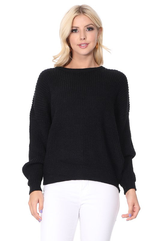 Waffle Stitch Bat Wing Bow Back Pullover  Sweater