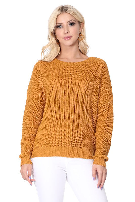 Waffle Stitch Bat Wing Bow Back Pullover  Sweater