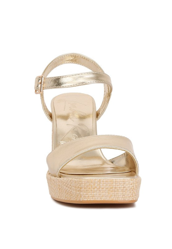 Lofty Metallic Faux Leather Block Heel Sandals