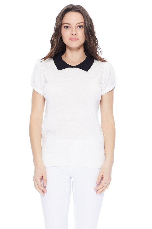 Cute Contrast Collar Pleated Cap Sleeve Knit Top