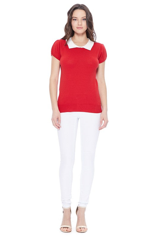 Cute Contrast Collar Pleated Cap Sleeve Knit Top