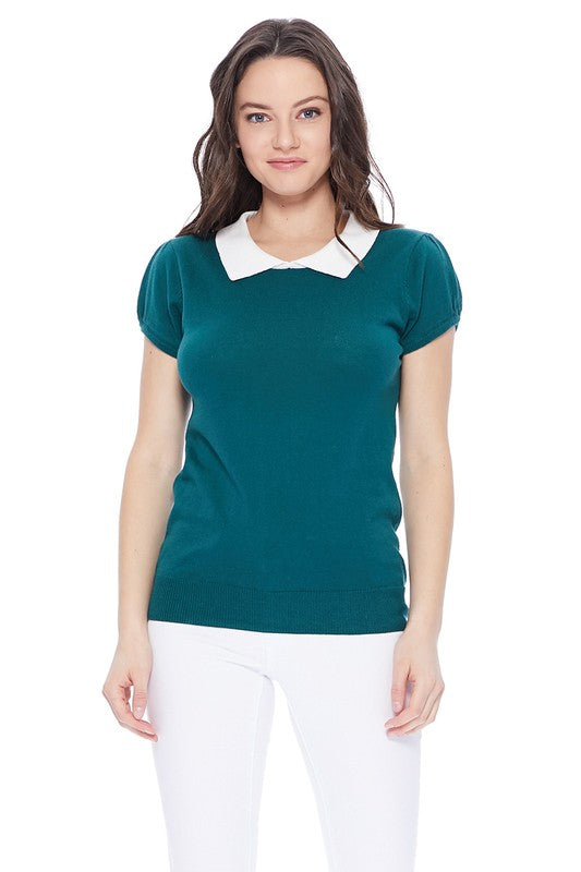 Cute Contrast Collar Pleated Cap Sleeve Knit Top