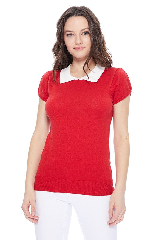 Cute Contrast Collar Pleated Cap Sleeve Knit Top