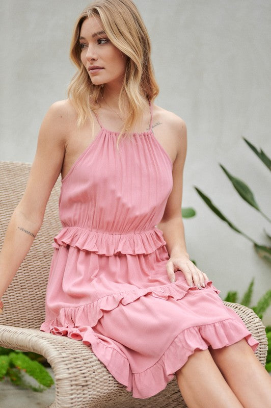 SOLID RUFFLE SLEEVELESS MINI DRESS