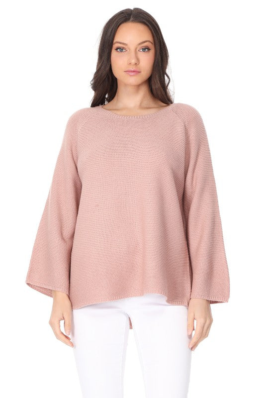 Boat Neck Bell Sleeve High Low Pullover Sweater