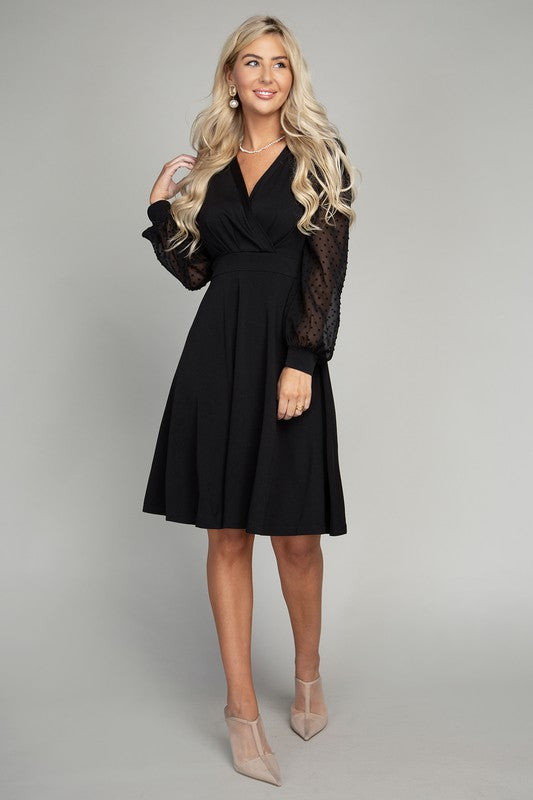 Swiss Dot puff Sleeve V neck Dress