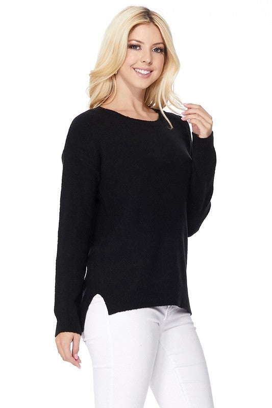 Crew-neck Knit Pullover Sweater with Side Slit