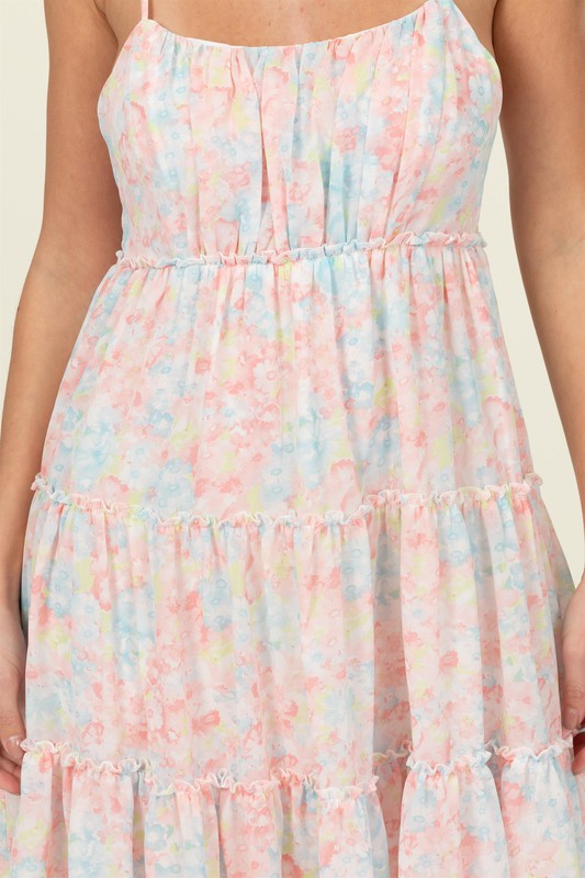 FLIRTY FLORAL TIE-STRAP MIDI DRESS