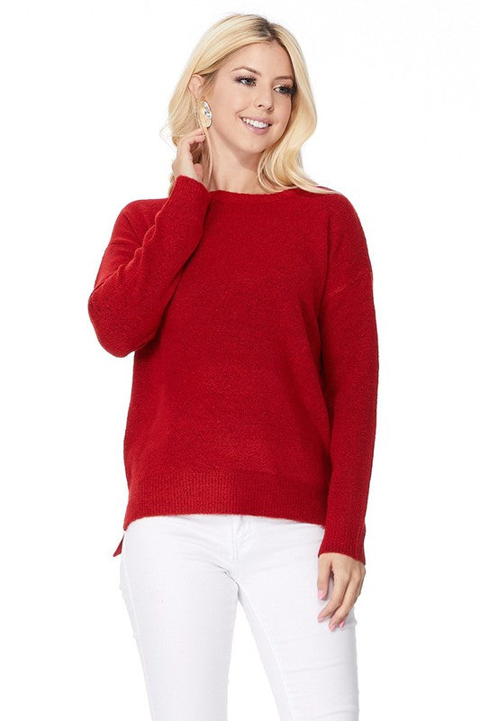 Crew-neck Knit Pullover Sweater with Side Slit