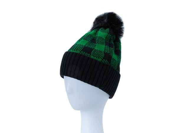 CHECKERED POM POM BEANIE