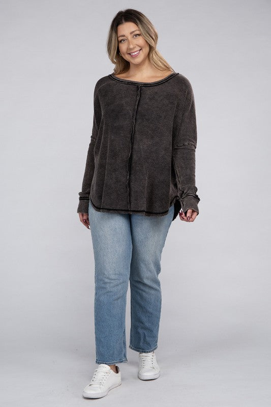 Plus Washed Baby Waffle Oversized Long Sleeve Top