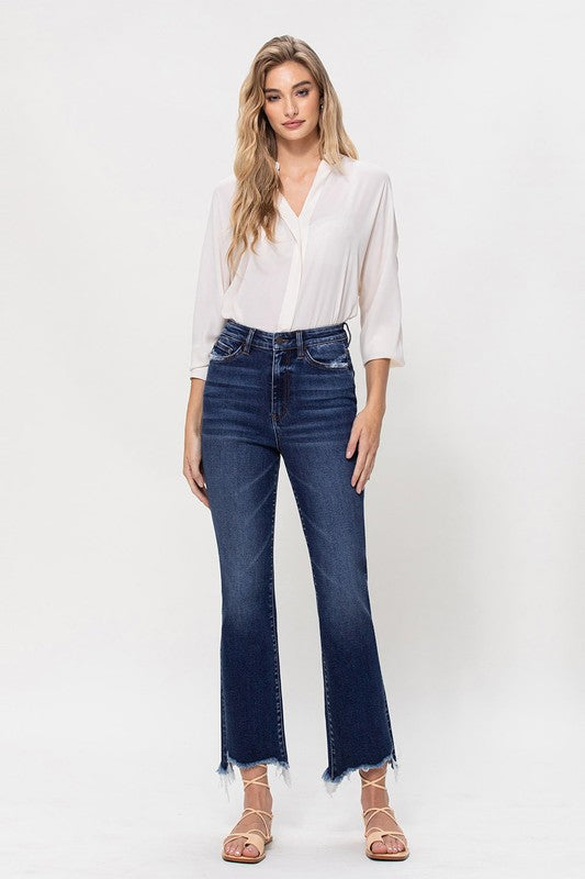 High Rise Distressed Hem Kick Flare Jeans