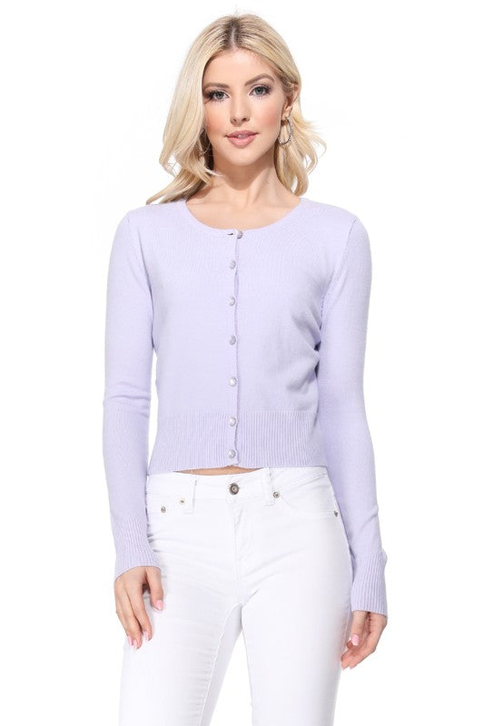 Gem Button Crew Neck Long Sleeve Sweater Cardigan