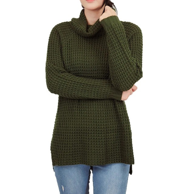 Cowl Neck Oversized Pop-Corn Knit Tunic Sweater