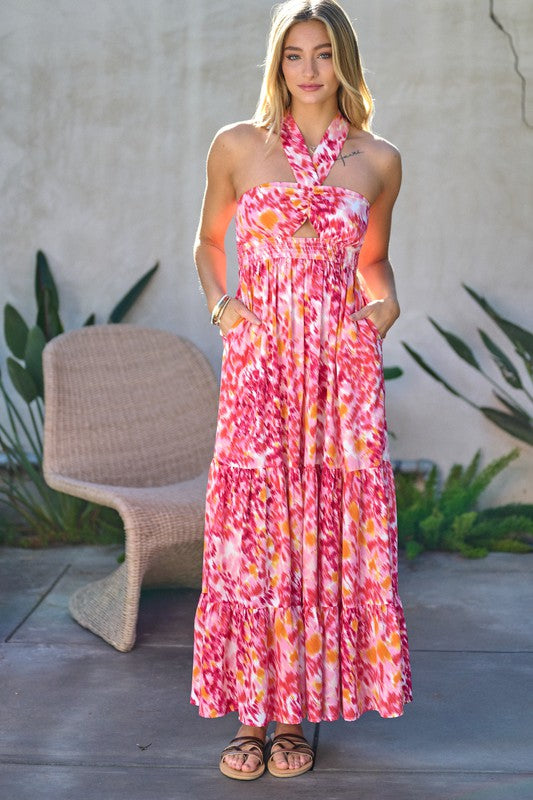 PRINTED SMOCKED RUFFLE MAXI DRESS