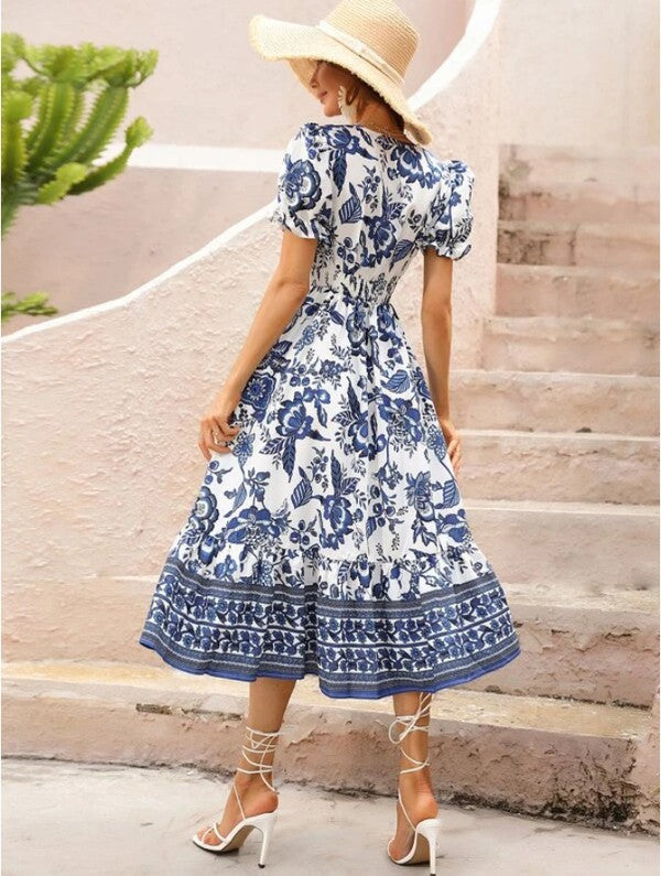 Women Short Sleeve V Neck Floral Maxi Dress