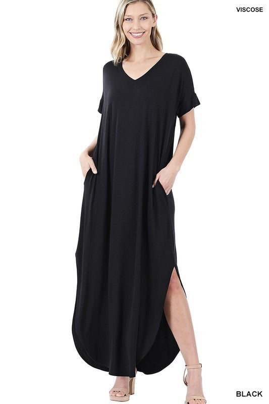 VISCOSE SIDE SLIT V-NECK SHORT SLEEVE MAXI DRESS