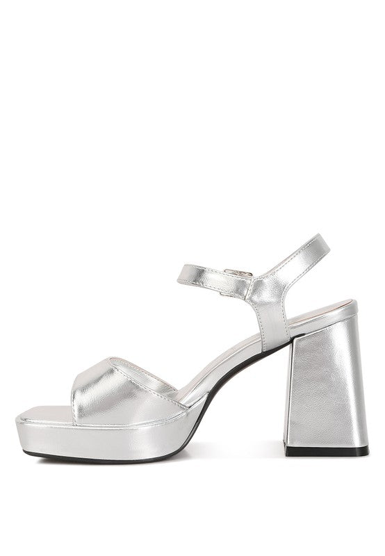 Lofty Metallic Faux Leather Block Heel Sandals